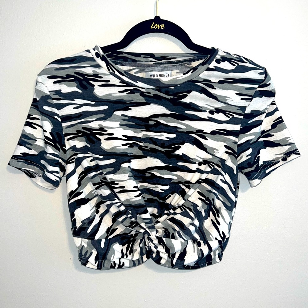 Wild Honey Twist Front Camo Crop Top